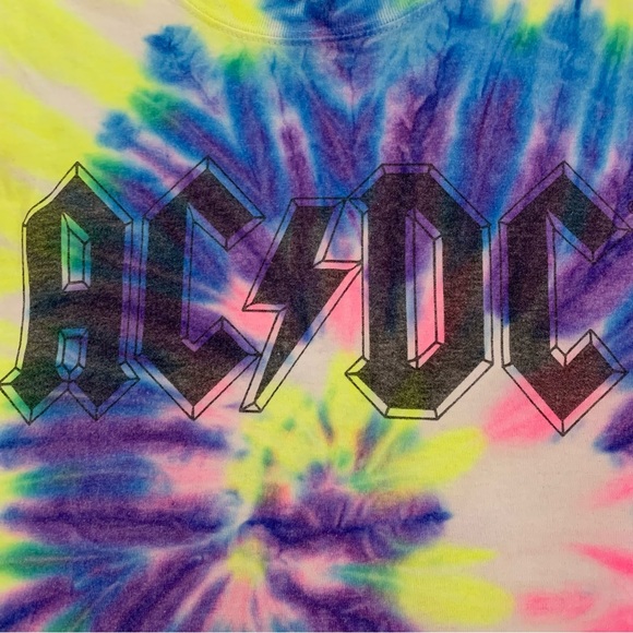 ACDC Band Tie Dye Graphic Crew Neck Unisex Tee Shirt Pink Blue Yellow Small - Picture 2 of 8